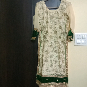 party wear kurti for mehendi functions, beautiful work & off white with green colour combination