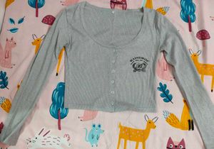Grey Cropped Ribbed Button-Up Top