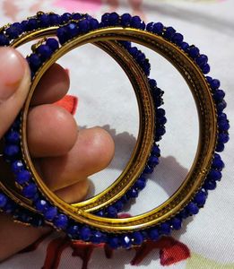 Blue Beaded Bangles with Gold Accents (2.6)