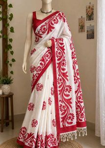 Elegant White & Red Saree pure cotton