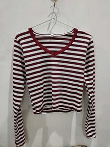 Maroon &amp; White Striped V-Neck Top..M size