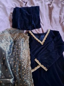 Elegant Navy Velvet Kurta Set with Dupatta