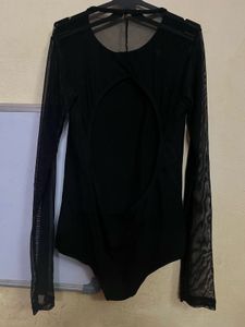 Black Backless Mesh Sleeve Bodysuit