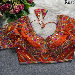 Embroidered Orange Blouse with Mirror Work