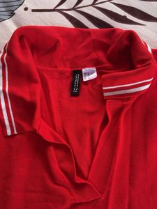 Red Polo Shirt with White Stripes