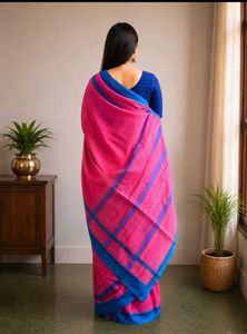 Vibrant Pink Kanchi Cotton Saree with Blue Border