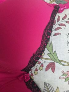 Pink Padded Bra with Black Lace Trim