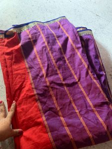 Vibrant Purple &amp; Red Striped Saree
