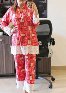 Red Block Print Kurta Set with Lace Trim