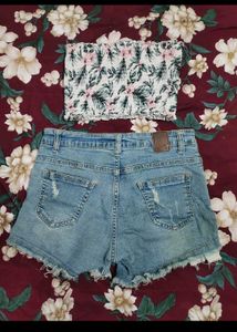 Floral Smocked Tube Top &amp; Denim Shorts Set