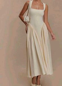 Elegant Cream Square Neck Dress(without belt)