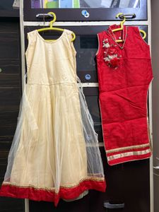 Cute Red &amp; Cream Girls' kurti cut lehenga