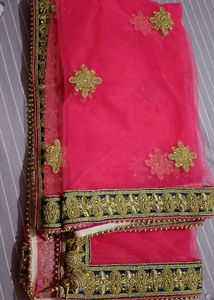 Pink Net Dupatta with Gold Embroidery