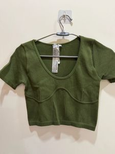 Zara Olive Green Ribbed Contour Crop Top