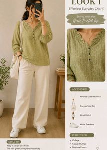 Chic Green Printed Button-Up Top