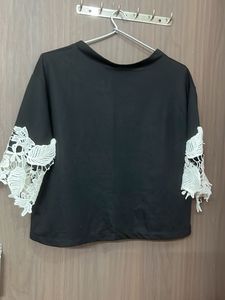 Black Chicago Graphic Tee with Lace Sleeves