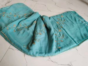 Beautiful Teal Saree with Gold Embroidery