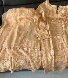 Peach Embroidered Kurta with Dupatta