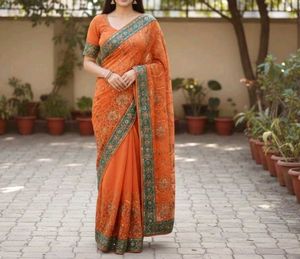 Orange Embellished Saree with Blouse