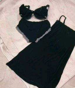 Black Lace Trim Nighty &amp; Lingerie Set