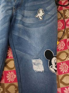 Blue Denim Jeans with Mickey Mouse Patches