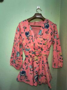 Deep V Neck  Floral Wrap Top with Belt