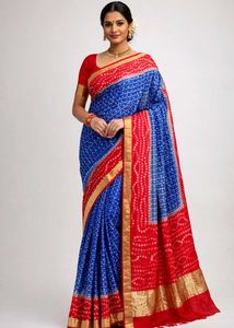 Blue & Red bandhani Saree