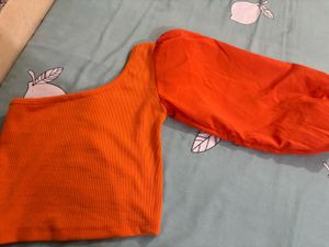 Orange One-Shoulder Puff Sleeve Top - S