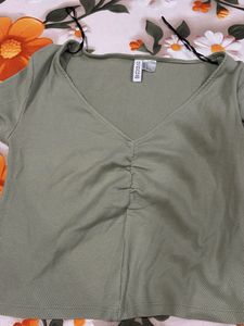 Green Ribbed Ruched V-Neck Top