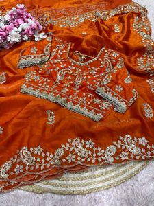 Stunning Orange Embroidered Silk Saree
