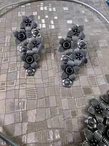 Oxidised Silver Jhumka &amp; Necklace Set
