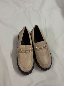 Women's Beige Loafers with Gold Buckle