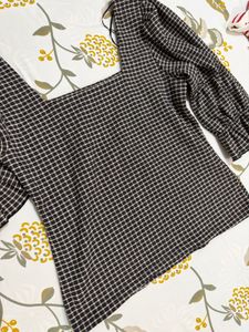Chic Plaid Square Neck Puff Sleeve Top