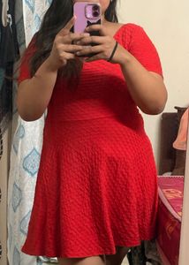 H&amp;M Red Textured Fit &amp; Flare Dress