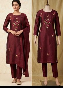 Wine Embroidered Kurta Set With Jhumkas
