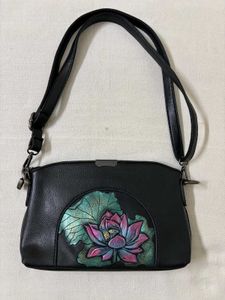 Black Leather Shoulder Bag with Lotus Design