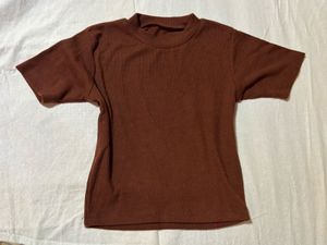 Brown Ribbed Mock Neck T-Shirt