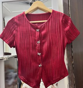 Red Textured Bow Button Top