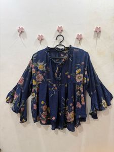 Navy blue  Floral Print Flared Sleeve Kurta