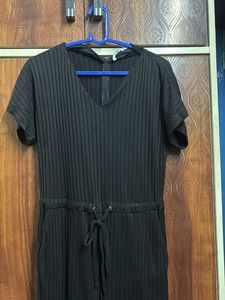 Black Ribbed Jumpsuit with Drawstring Waist