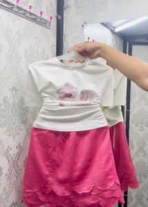 White T-Shirt with Pink Scalloped Skirt Set