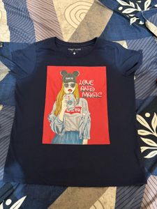 Cute Graphic Print Navy Blue T-Shirt