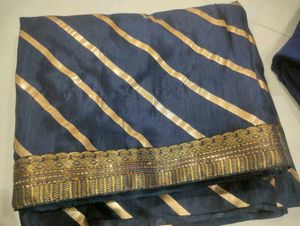 Elegant Navy Saree with Gold Stripes