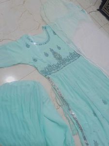 Elegant Aqua Embroidered Kurta Set