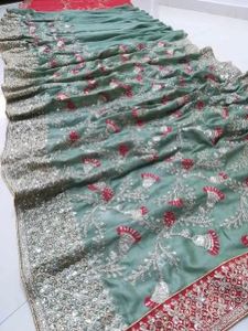 Embroidered olive Green Saree With Stitched Blouse