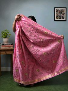 Elegant Pink Embroidered Linen Saree