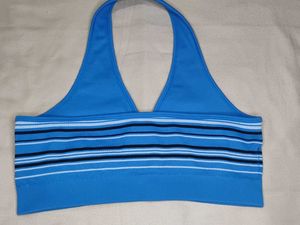 Blue Striped Halter Neck Sports Bra Non Padded