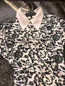 Black &amp; White Floral Print Collared Top