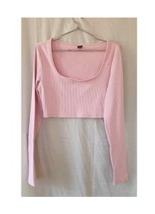 Pink Ribbed Long Sleeve Crop Top