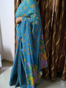 Beautiful Blue Floral Chiffon Saree